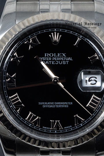 Rolex Datejust 36mm White Gold/Steel Black Roman Dial & Fluted Bezel Oyster Bracelet