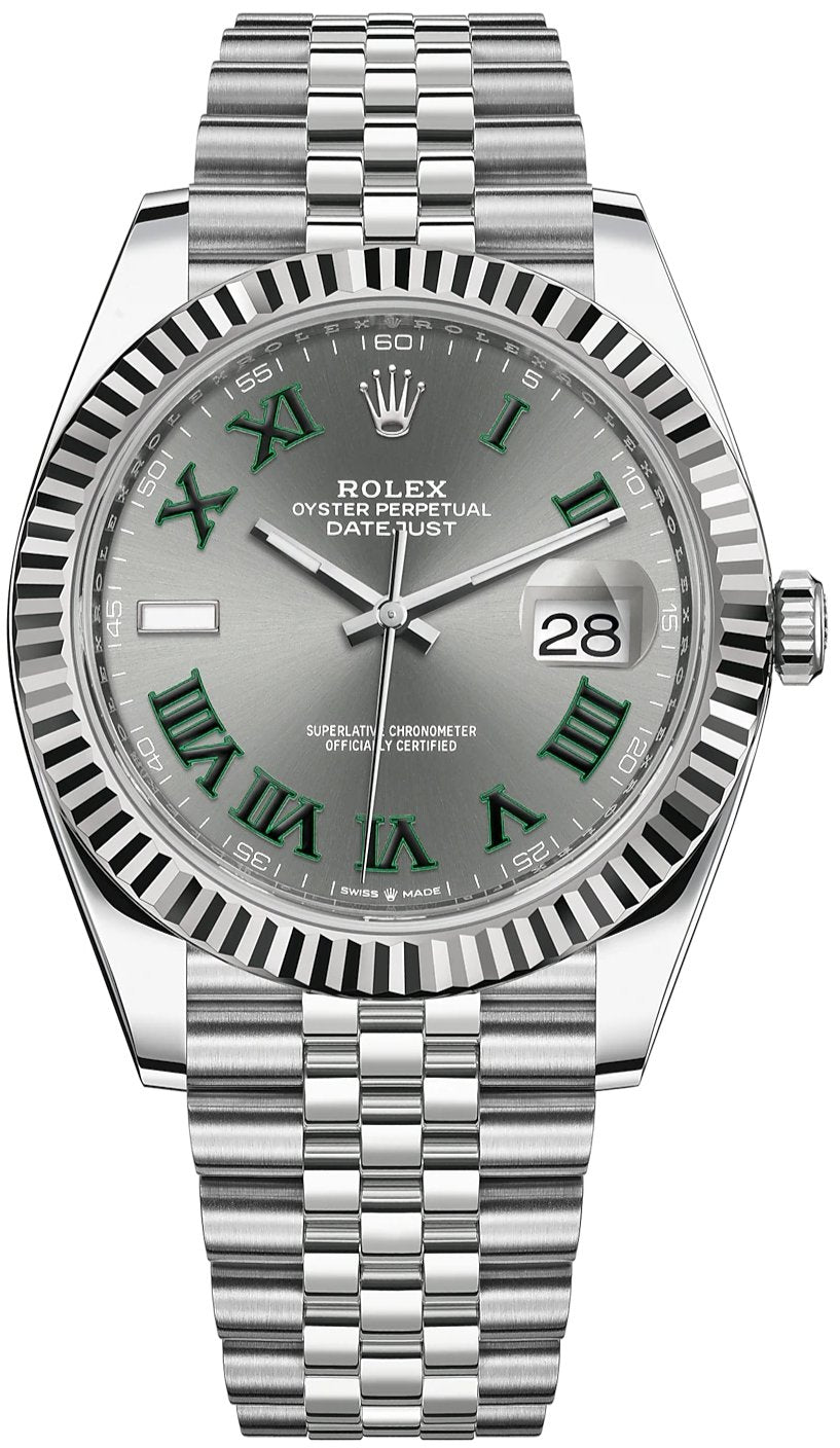 Rolex Datejust 41mm 18k White Gold & Steel/ Grey Slate Wimbledon Green Dial/ Fluted Bezel/ Jubilee Bracelet (Ref# 126334)